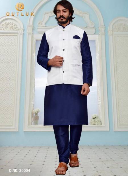 White And Blue Colour Exclusive Art Silk Festive Wear Kurta Pajama With Jacket Mens Collection 30004